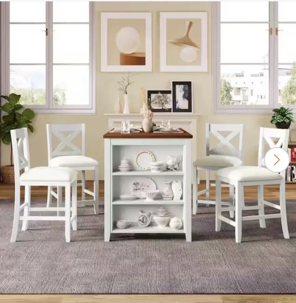 Farmhouse 5-Piece White and Walnut Wood Top Counter Dining Table Set Seats-4 with 3-Tier Side Shelves, 4-Counter Chairs
