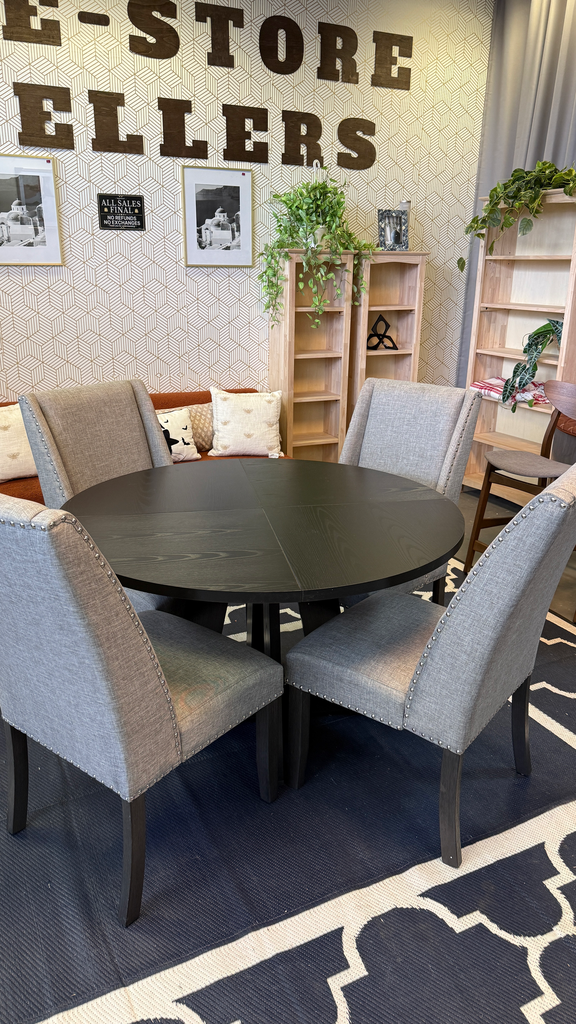 EVE CHARCOAL WOOD GREY FABRIC AND NAIL CHAIR with Table- 5 piece