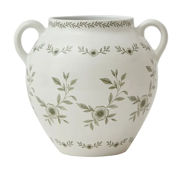 My Texas House 8 in White Ceramic Floral Vase with Double Handles, Green Design