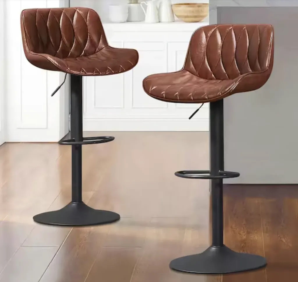 Set of Two Modern 24" Adjustable Height Brown Faux Leather Swivel Bar Stool