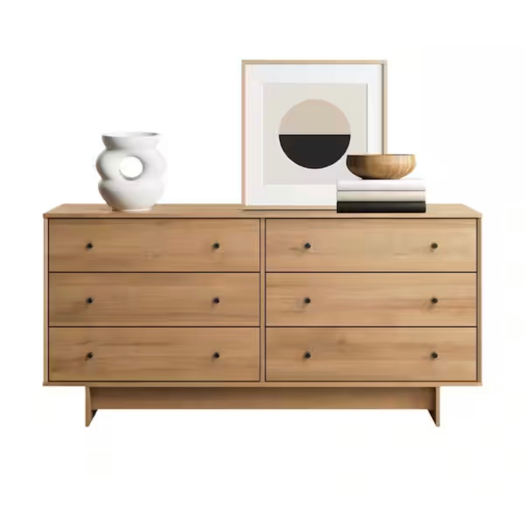Finnley Natural Oak 6 Drawer Dresser 61 in. Wide Chest of Drawers, Dresser for Bedroom, Chest of Drawers for Bedroom