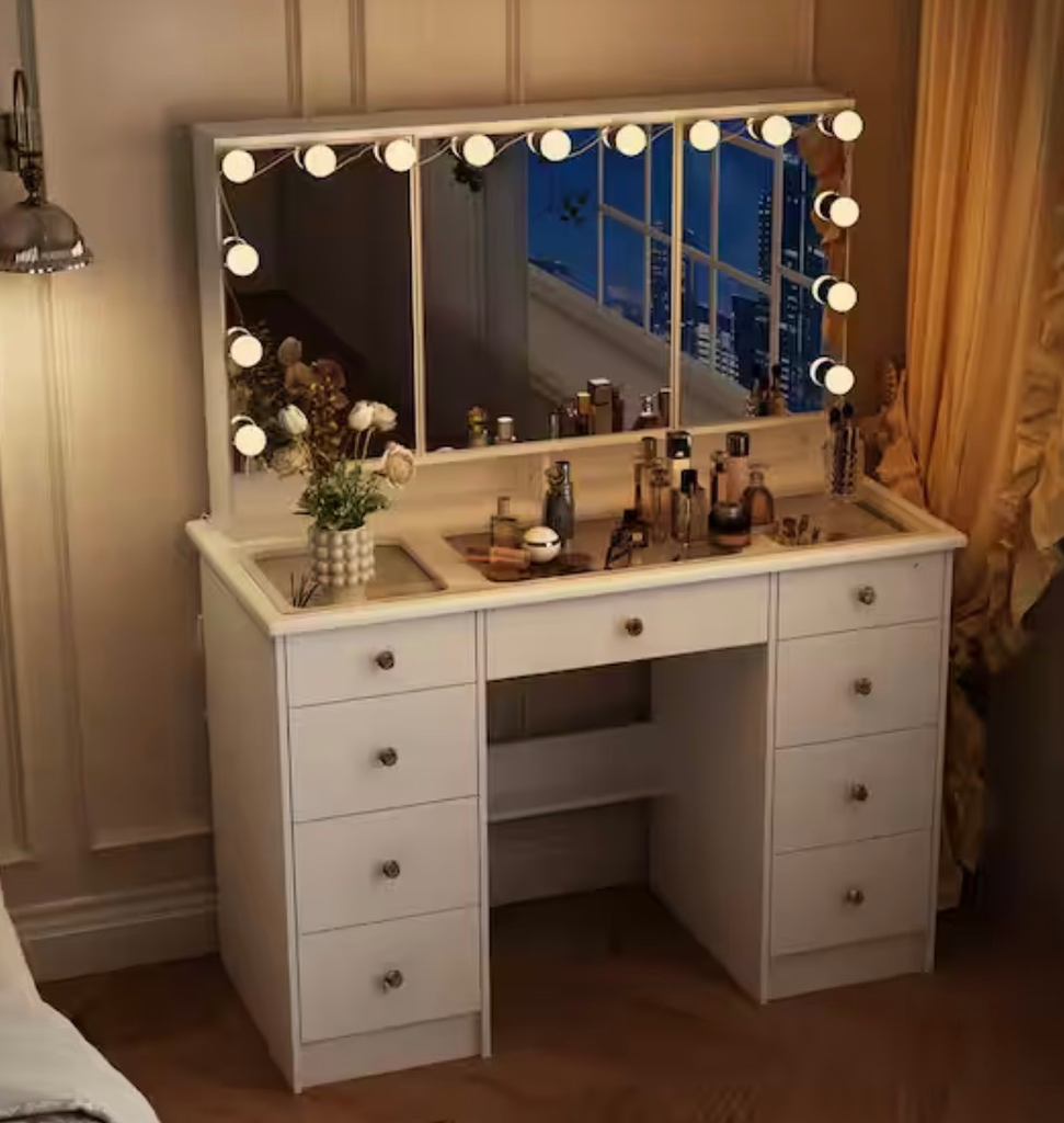 White Makeup Vanity Desk 9-Drawers Wood Dressing Table With 3 Mirrors, Glass Top, Hidden Storage Shelves, LED Bulb Light
