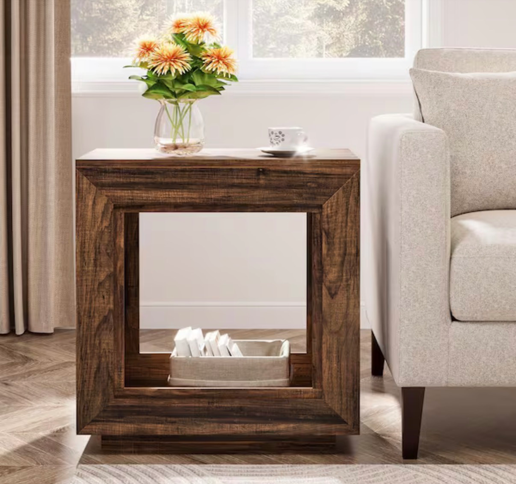 Kerlin 23.62 in. Walnut Rectangle MDF Side Table 2-Tier End Table with Metal Frame for Living Room, Bedroom